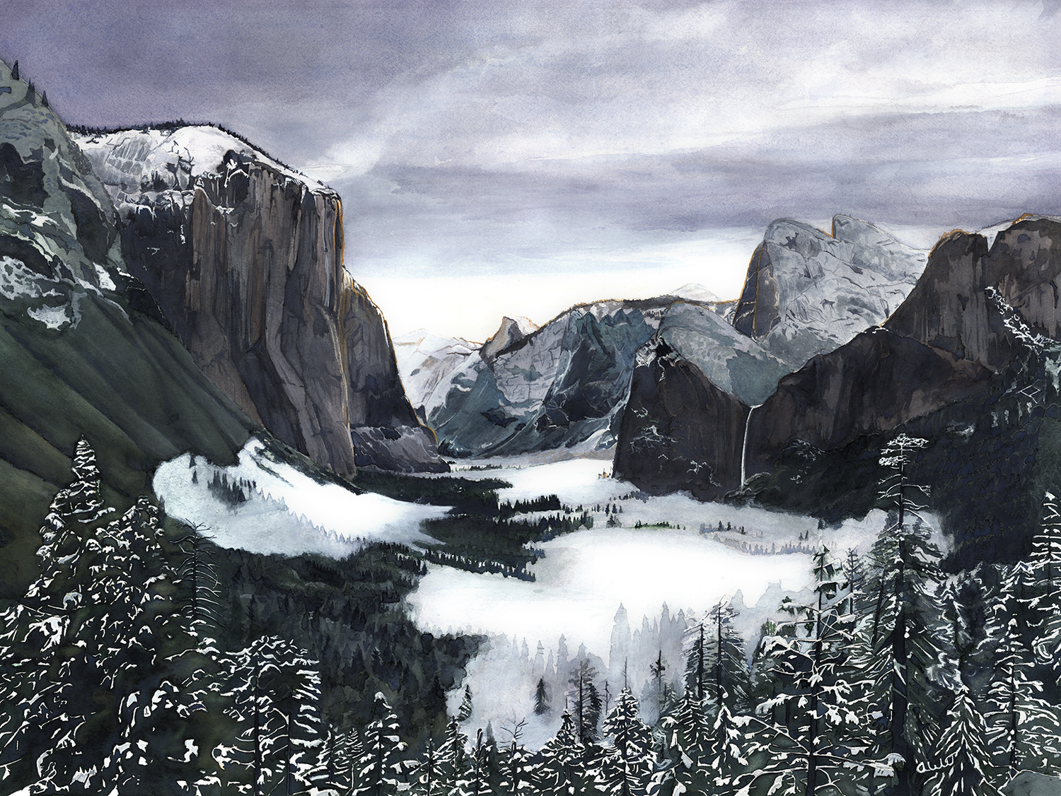 Snowy mountain landscape with trees and a cloudy sky