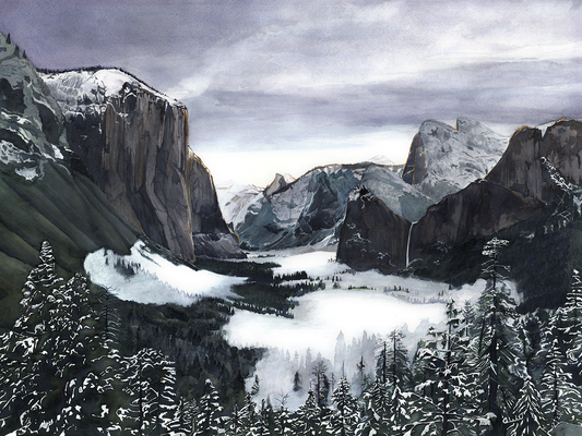 Snowy mountain landscape with trees and a cloudy sky